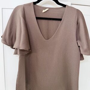 Tyche Taupe Flutter Sleeve Blouse